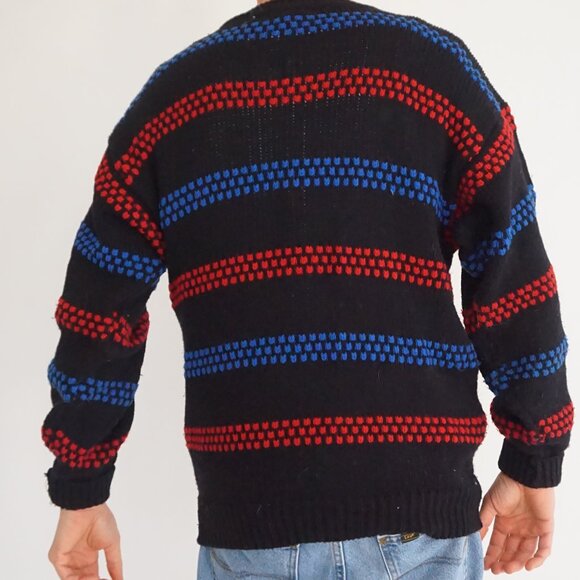 Vintage Bolt Black Acrylic Knit Southwestern Retro Eclectic Grandpa Sweater L - Picture 2 of 10